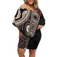 Fiji Traditional Masi Off Shoulder Short Dress Tapa Art Palm Leaves Pattern