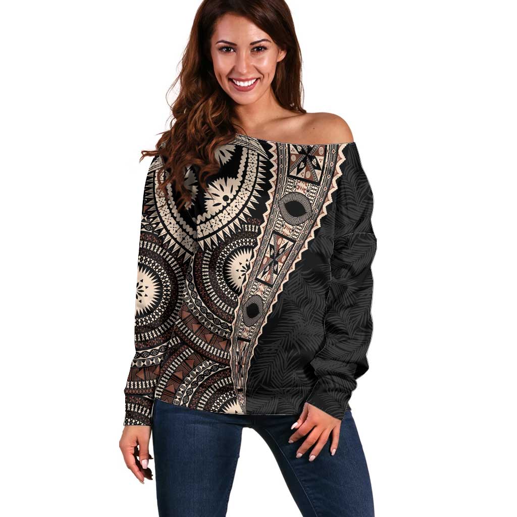 Fiji Traditional Masi Off Shoulder Sweater Tapa Art Palm Leaves Pattern