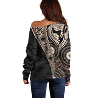 Fiji Traditional Masi Off Shoulder Sweater Tapa Art Palm Leaves Pattern