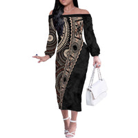 Fiji Traditional Masi Off The Shoulder Long Sleeve Dress Tapa Art Palm Leaves Pattern