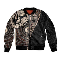 Fiji Traditional Masi Sleeve Zip Bomber Jacket Tapa Art Palm Leaves Pattern