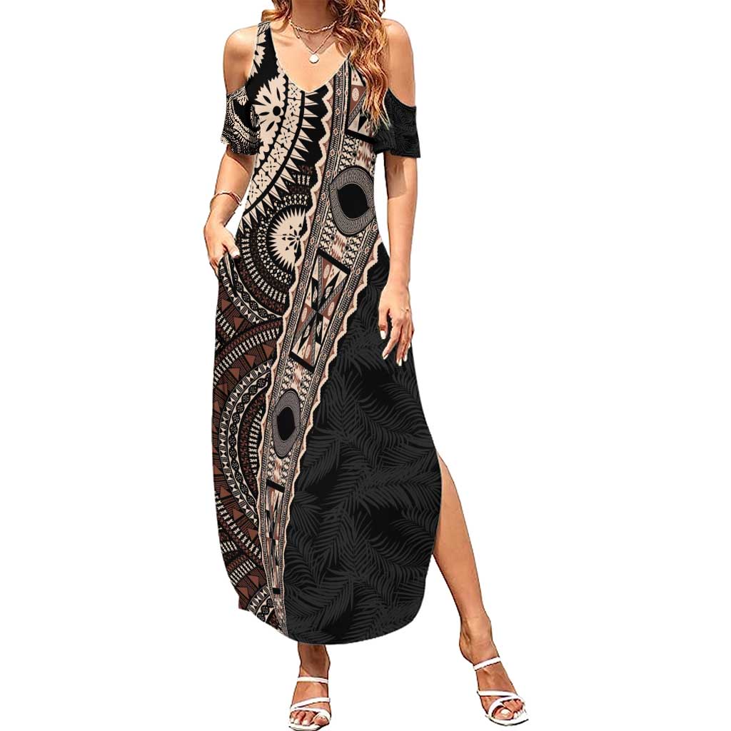 Fiji Traditional Masi Summer Maxi Dress Tapa Art Palm Leaves Pattern