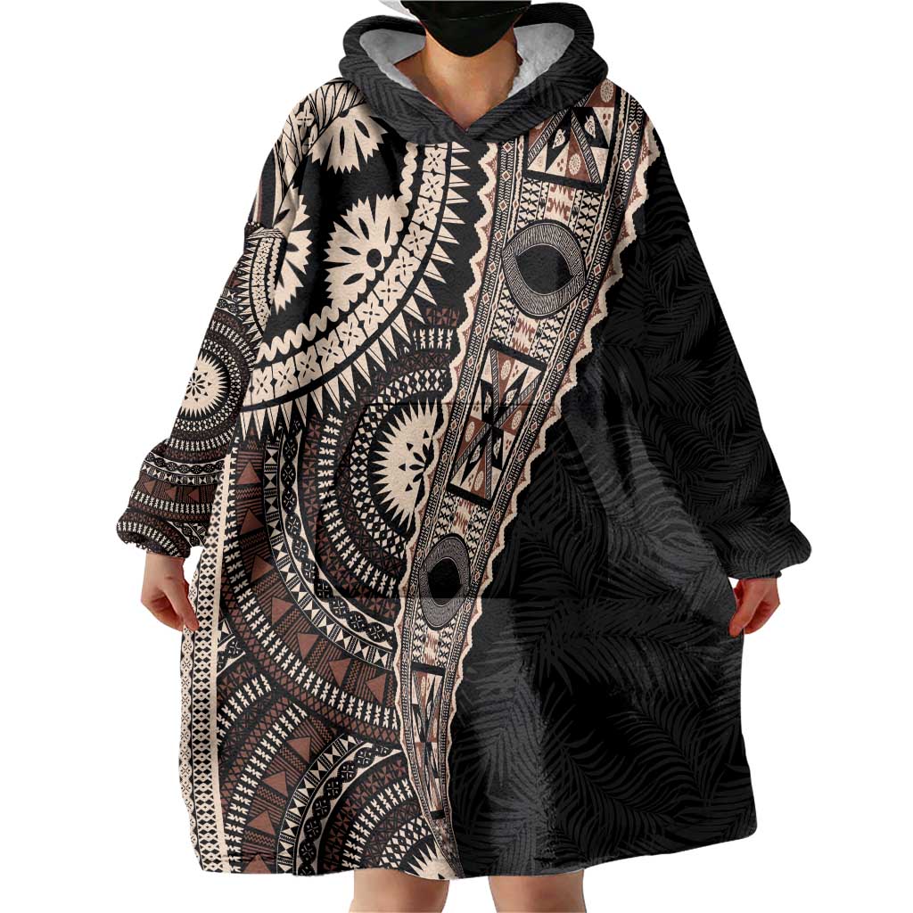 Fiji Traditional Masi Wearable Blanket Hoodie Tapa Art Palm Leaves Pattern