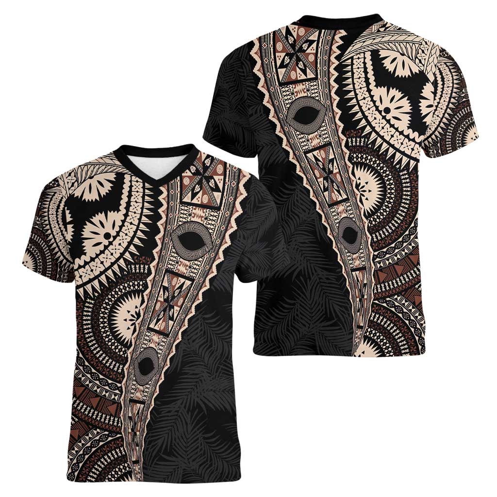 Fiji Traditional Masi Women V-Neck T-Shirt Tapa Art Palm Leaves Pattern
