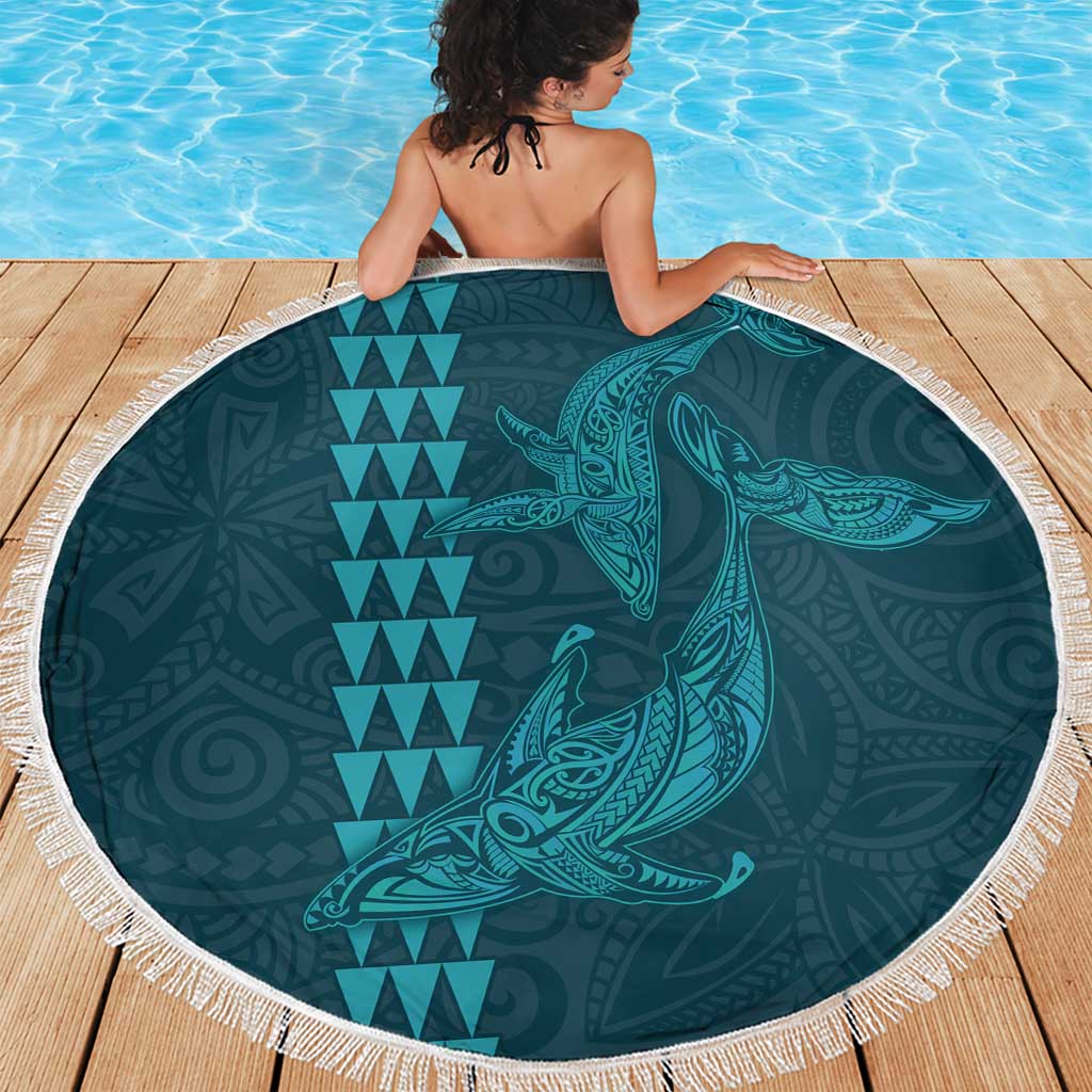 Aloha Hawaii Whale Kakau and Polynesian Tattoo Beach Blanket Turquoise Color