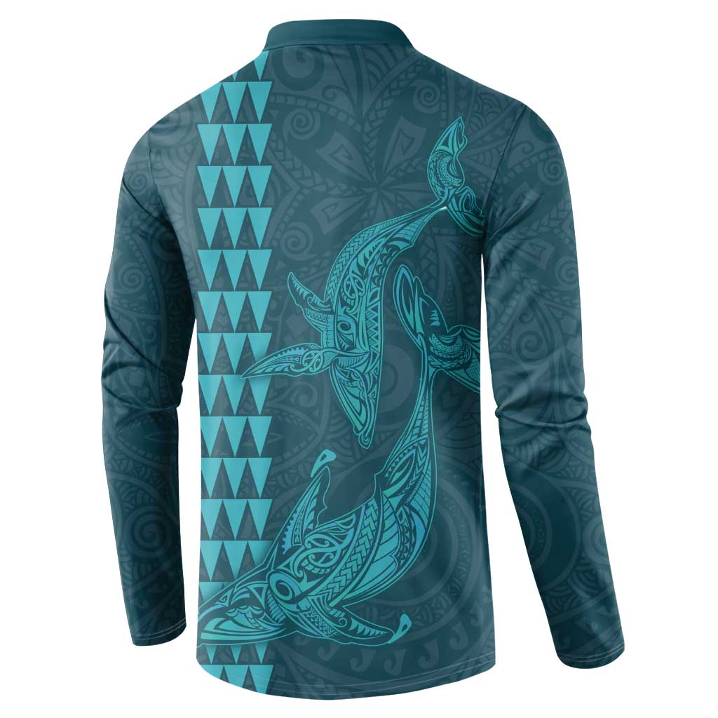 Aloha Hawaii Whale Kakau and Polynesian Tattoo Button Sweatshirt Turquoise Color