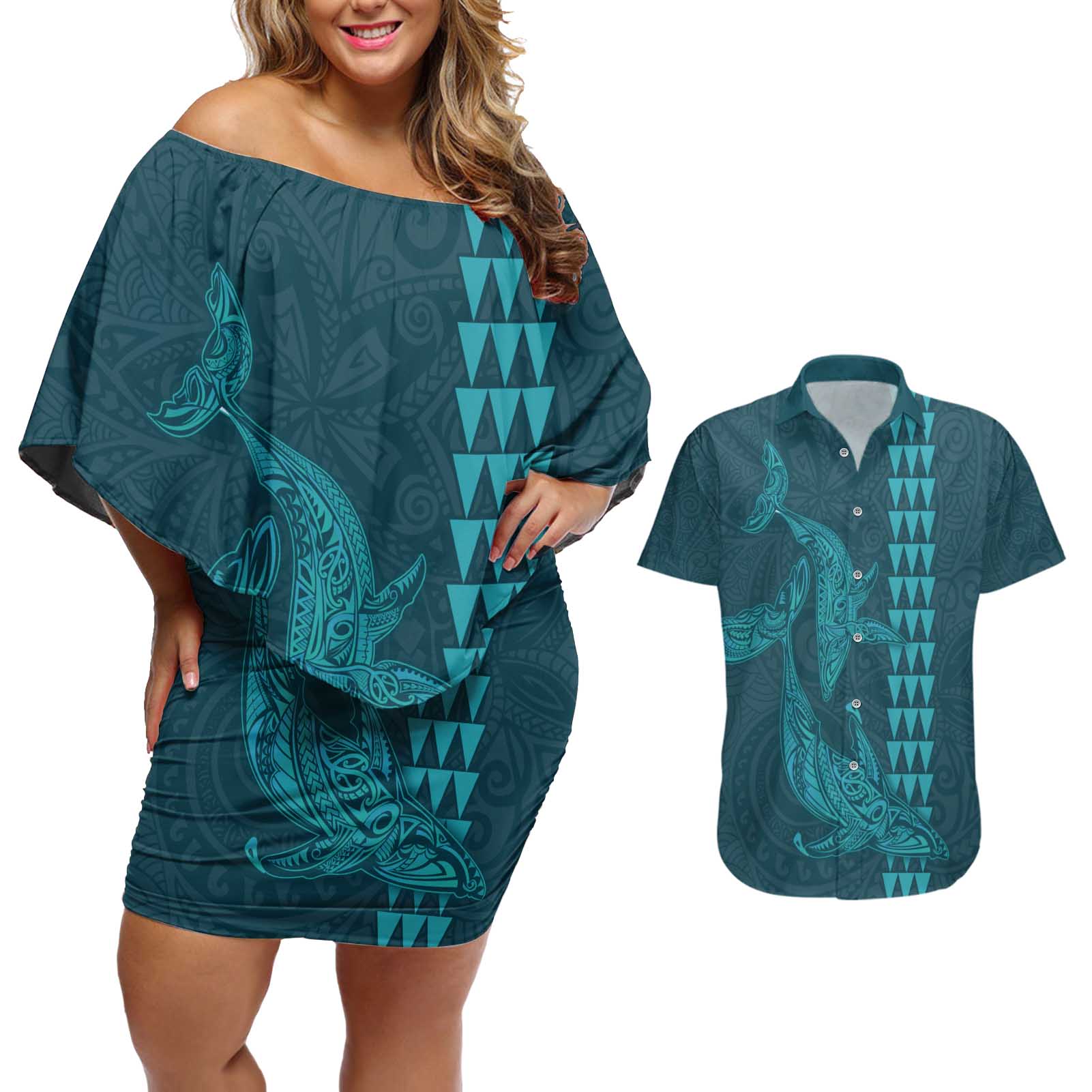 Aloha Hawaii Whale Kakau and Polynesian Tattoo Couples Matching Off Shoulder Short Dress and Hawaiian Shirt Turquoise Color