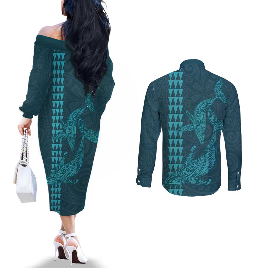 Aloha Hawaii Whale Kakau and Polynesian Tattoo Couples Matching Off The Shoulder Long Sleeve Dress and Long Sleeve Button Shirt Turquoise Color
