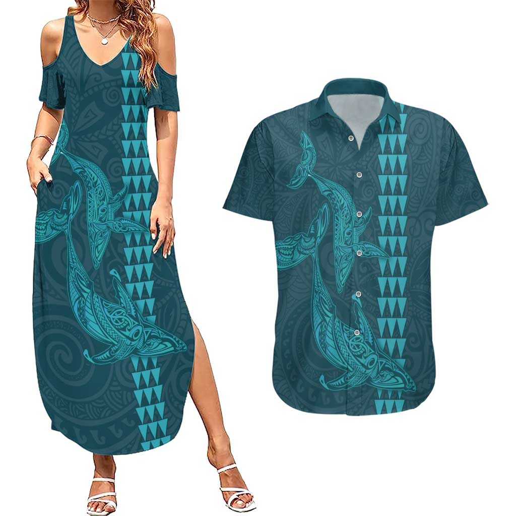 Aloha Hawaii Whale Kakau and Polynesian Tattoo Couples Matching Summer Maxi Dress and Hawaiian Shirt Turquoise Color