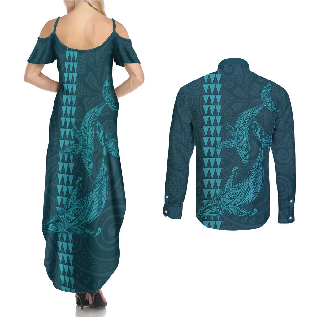 Aloha Hawaii Whale Kakau and Polynesian Tattoo Couples Matching Summer Maxi Dress and Long Sleeve Button Shirt Turquoise Color