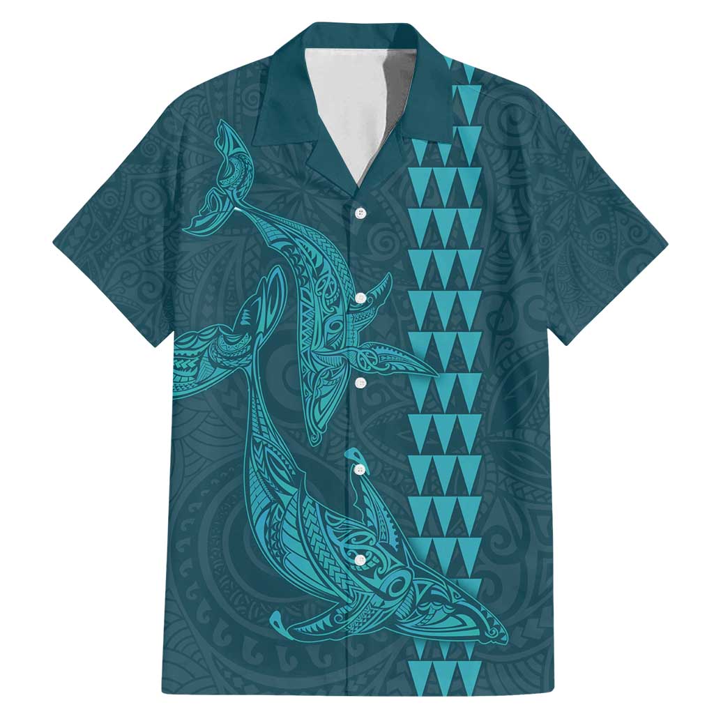 Aloha Hawaii Whale Kakau and Polynesian Tattoo Family Matching Mermaid Dress and Hawaiian Shirt Turquoise Color