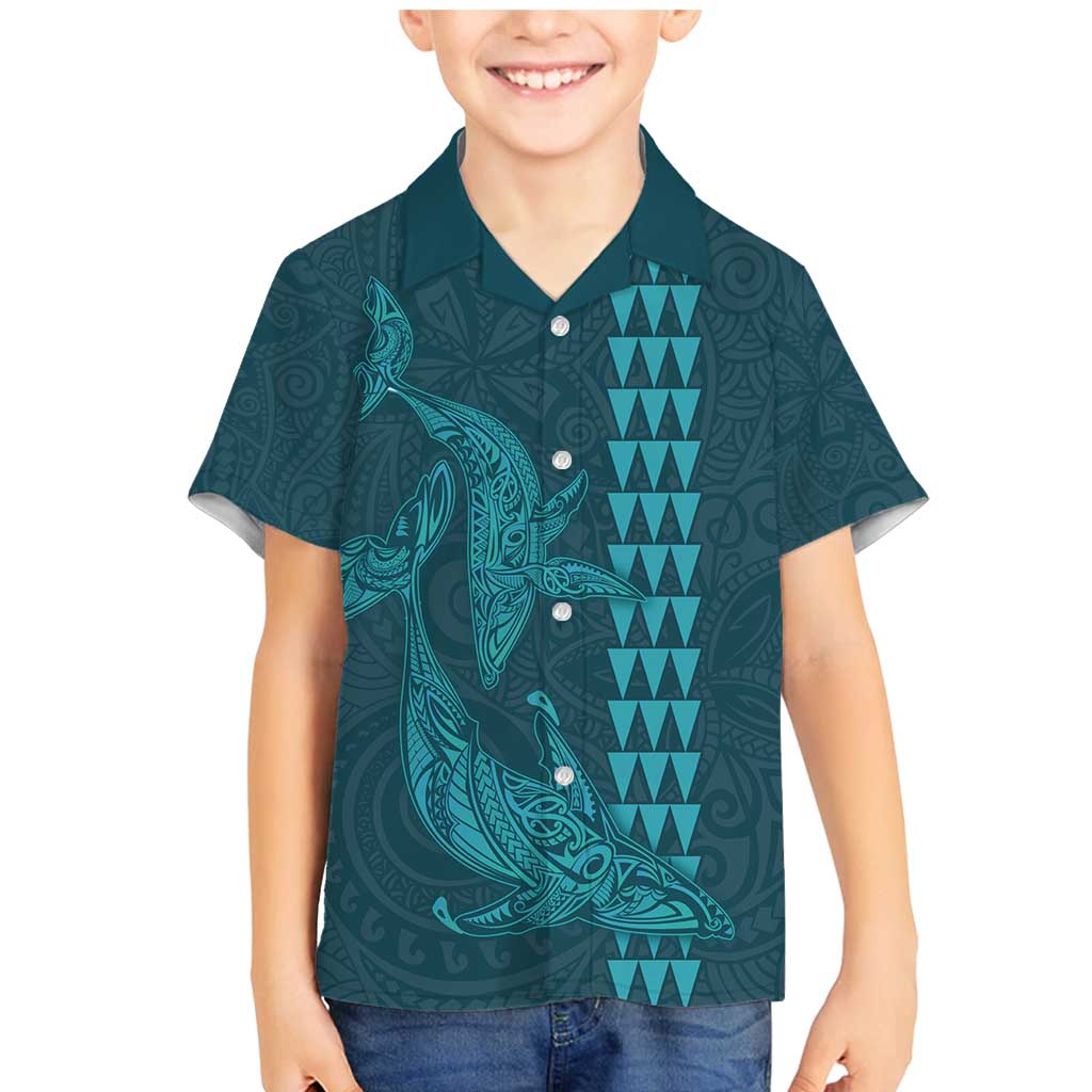 Aloha Hawaii Whale Kakau and Polynesian Tattoo Family Matching Mermaid Dress and Hawaiian Shirt Turquoise Color