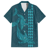 Aloha Hawaii Whale Kakau and Polynesian Tattoo Family Matching Puletasi and Hawaiian Shirt Turquoise Color