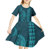 Aloha Hawaii Whale Kakau and Polynesian Tattoo Kid Short Sleeve Dress Turquoise Color