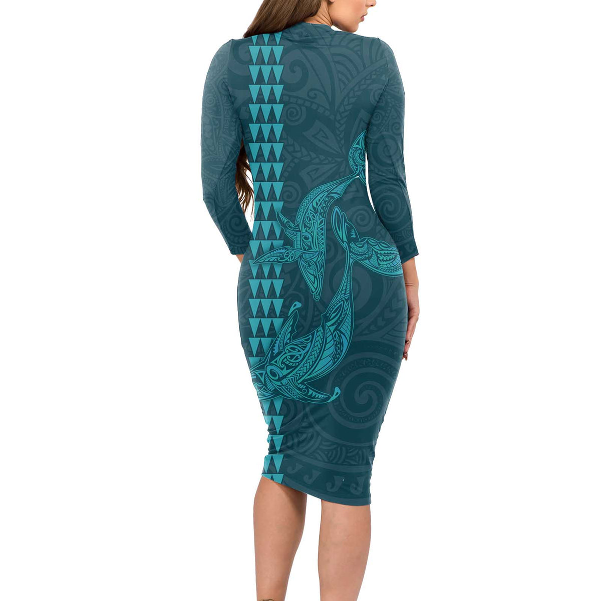 Aloha Hawaii Whale Kakau and Polynesian Tattoo Long Sleeve Bodycon Dress Turquoise Color