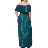 Aloha Hawaii Whale Kakau and Polynesian Tattoo Off Shoulder Maxi Dress Turquoise Color