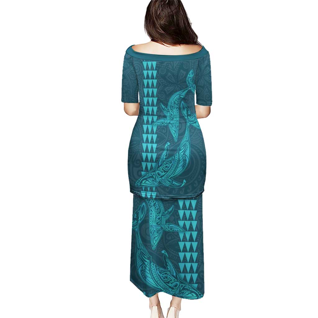 Aloha Hawaii Whale Kakau and Polynesian Tattoo Puletasi Turquoise Color