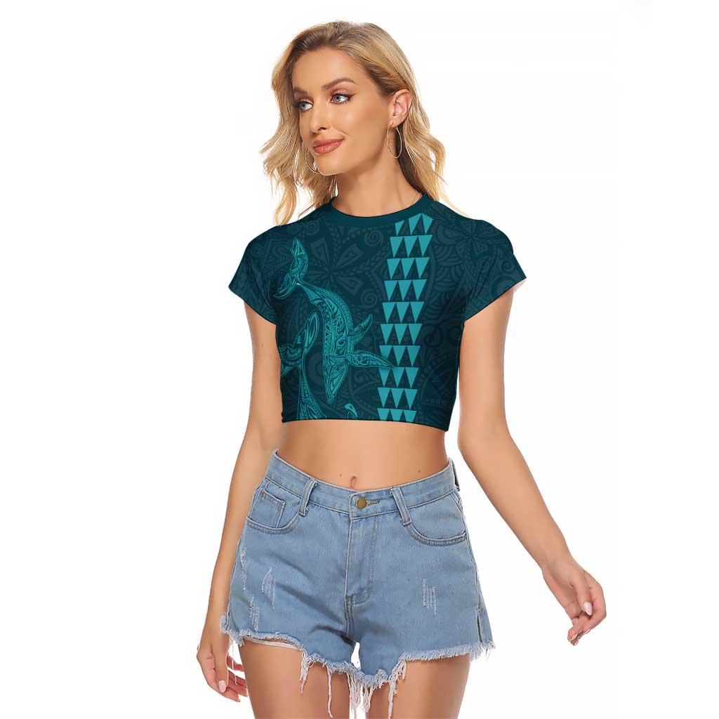 Aloha Hawaii Whale Kakau and Polynesian Tattoo Raglan Cropped T Shirt Turquoise Color
