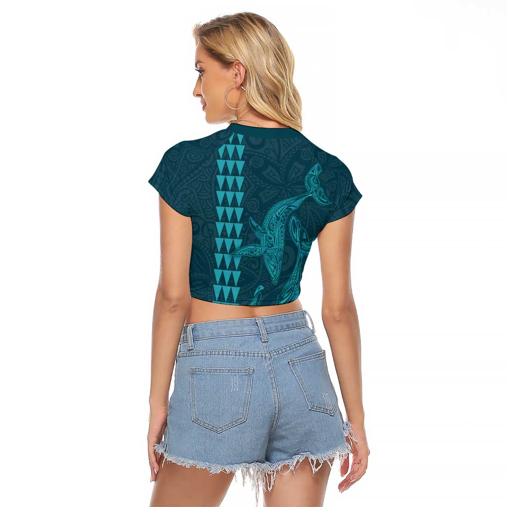 Aloha Hawaii Whale Kakau and Polynesian Tattoo Raglan Cropped T Shirt Turquoise Color