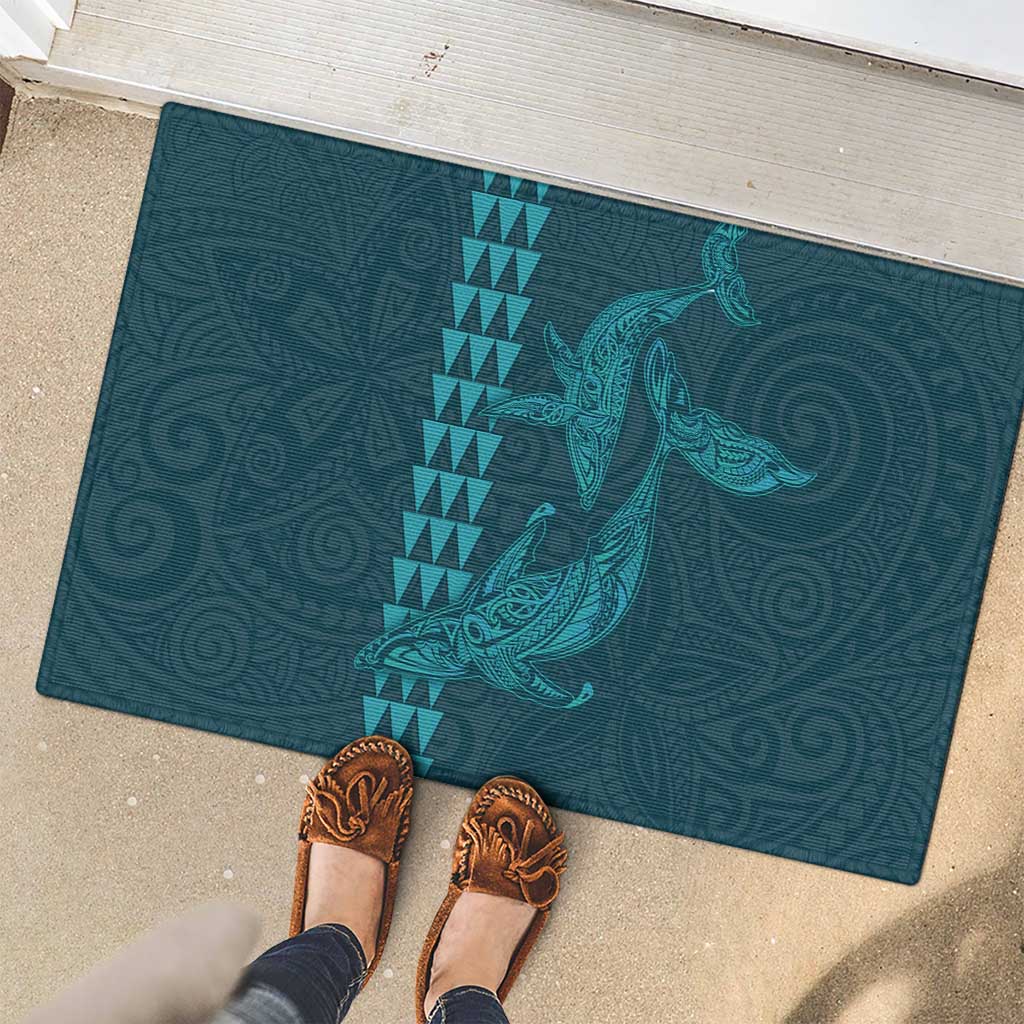 Aloha Hawaii Whale Kakau and Polynesian Tattoo Rubber Doormat Turquoise Color