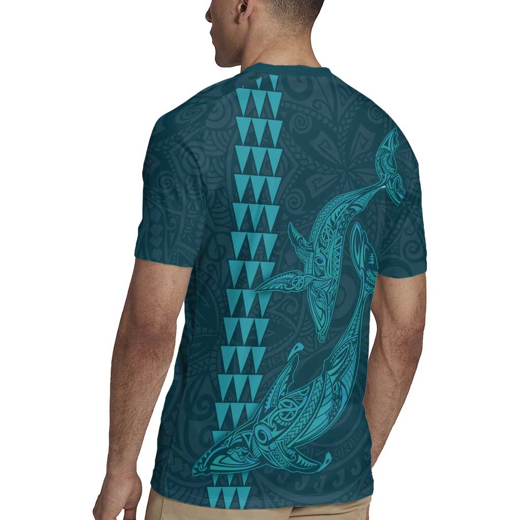 Aloha Hawaii Whale Kakau and Polynesian Tattoo Rugby Jersey Turquoise Color