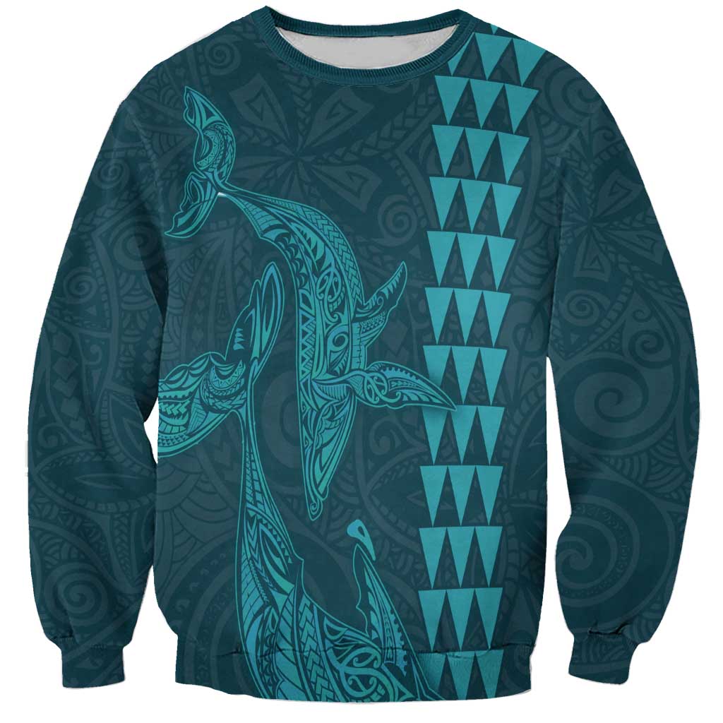 Aloha Hawaii Whale Kakau and Polynesian Tattoo Sweatshirt Turquoise Color