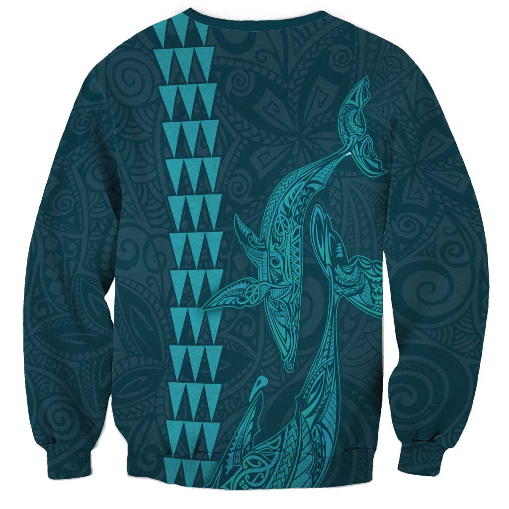 Aloha Hawaii Whale Kakau and Polynesian Tattoo Sweatshirt Turquoise Color