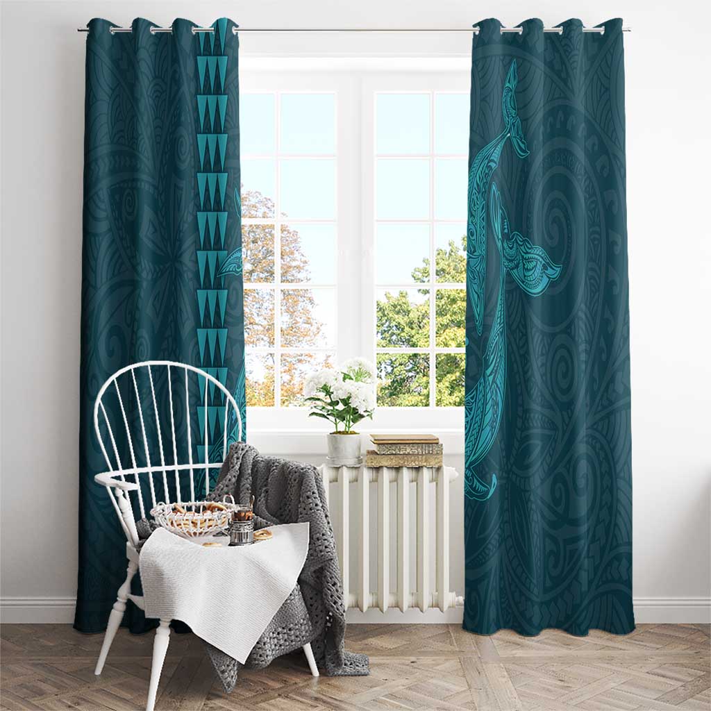 Aloha Hawaii Whale Kakau and Polynesian Tattoo Window Curtain Turquoise Color