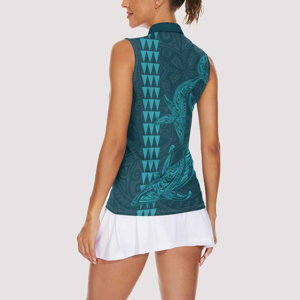 Aloha Hawaii Whale Kakau and Polynesian Tattoo Women Sleeveless Polo Shirt Turquoise Color