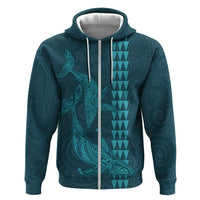 Aloha Hawaii Whale Kakau and Polynesian Tattoo Zip Hoodie Turquoise Color