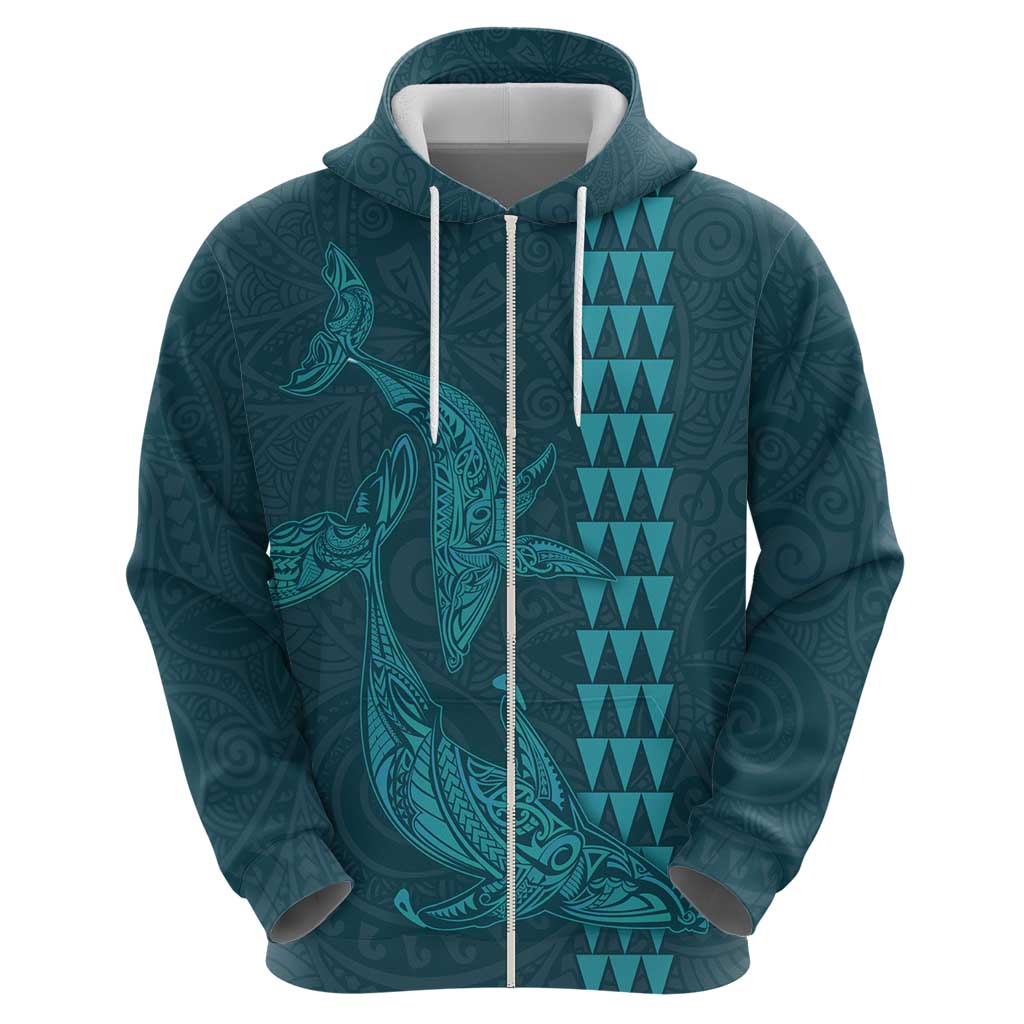 Aloha Hawaii Whale Kakau and Polynesian Tattoo Zip Hoodie Turquoise Color