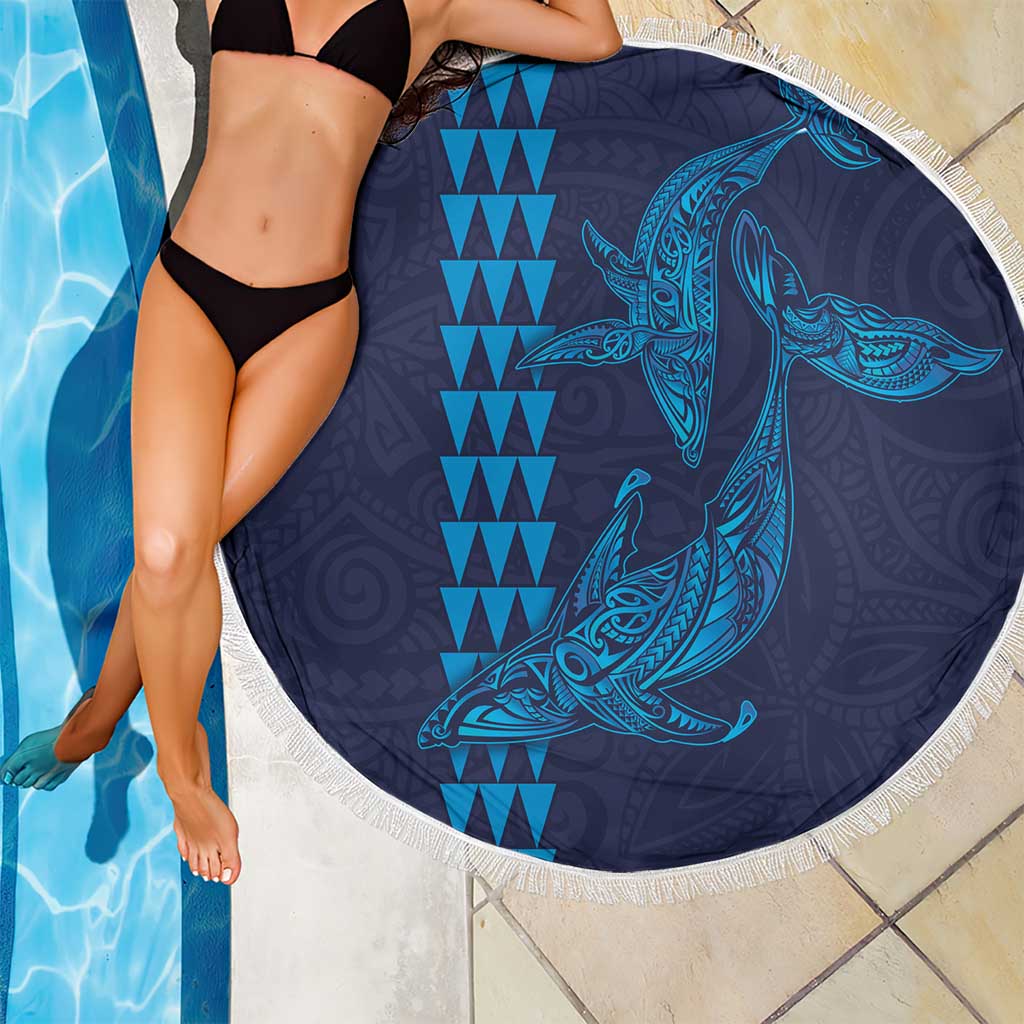 Aloha Hawaii Whale Kakau and Polynesian Tattoo Beach Blanket Dark Navy Color