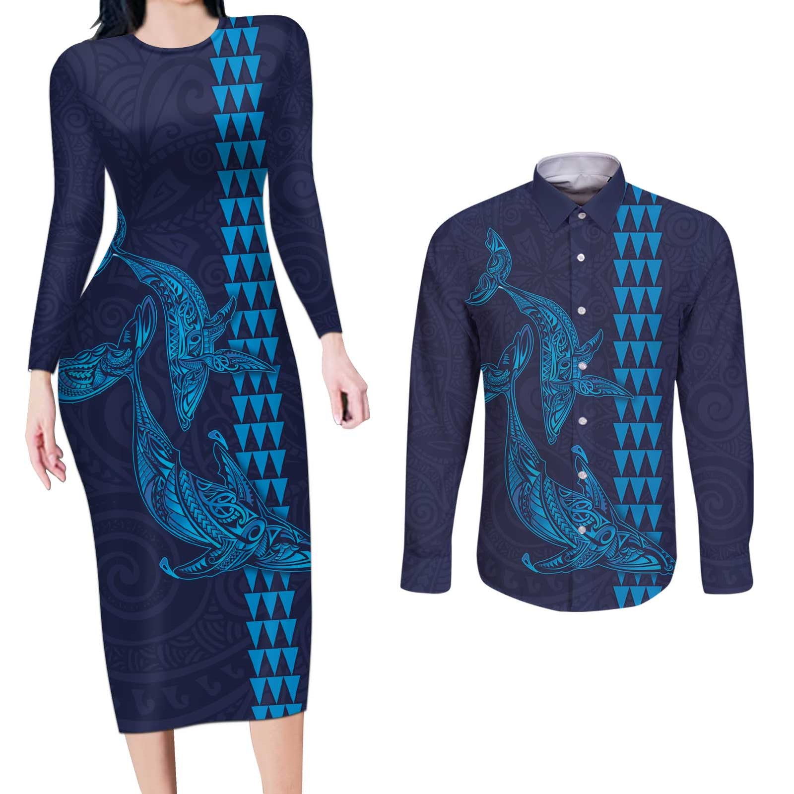 Aloha Hawaii Whale Kakau and Polynesian Tattoo Couples Matching Long Sleeve Bodycon Dress and Long Sleeve Button Shirt Dark Navy Color