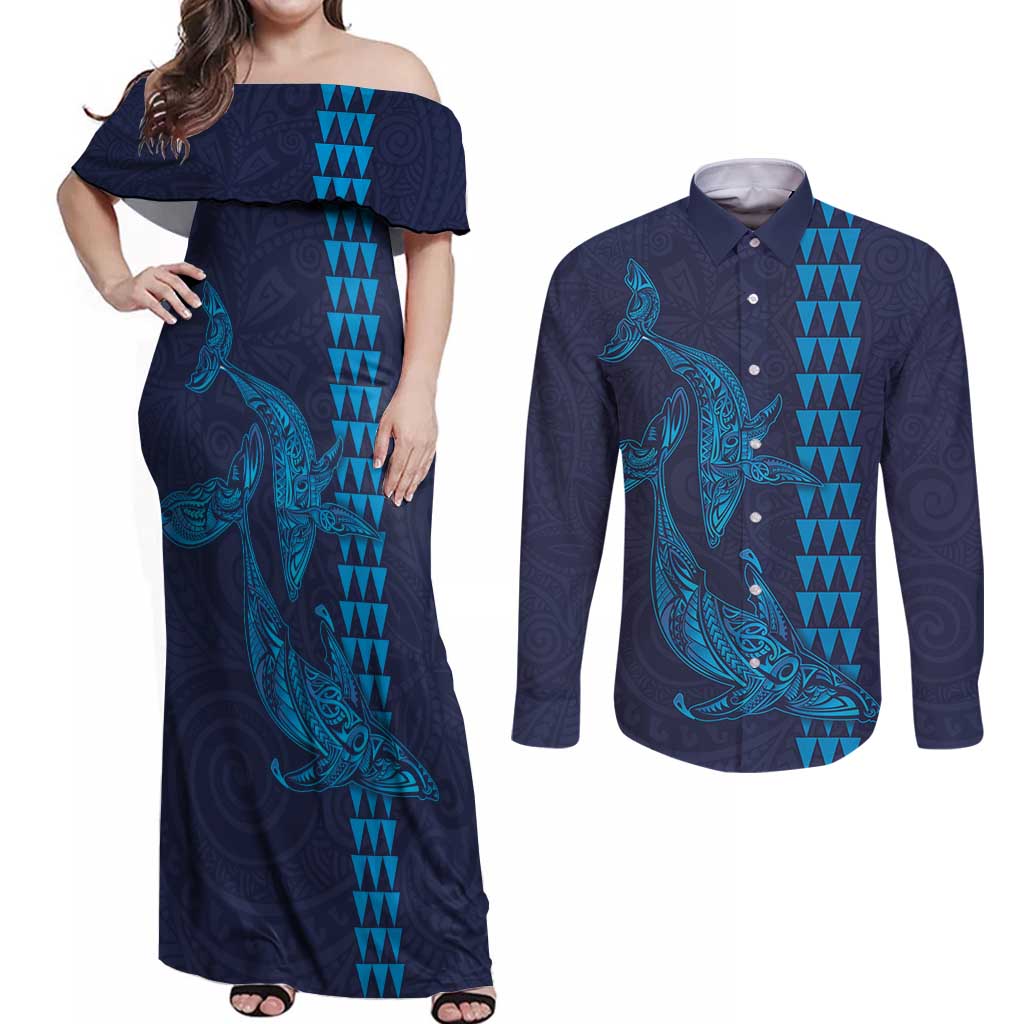 Aloha Hawaii Whale Kakau and Polynesian Tattoo Couples Matching Off Shoulder Maxi Dress and Long Sleeve Button Shirt Dark Navy Color