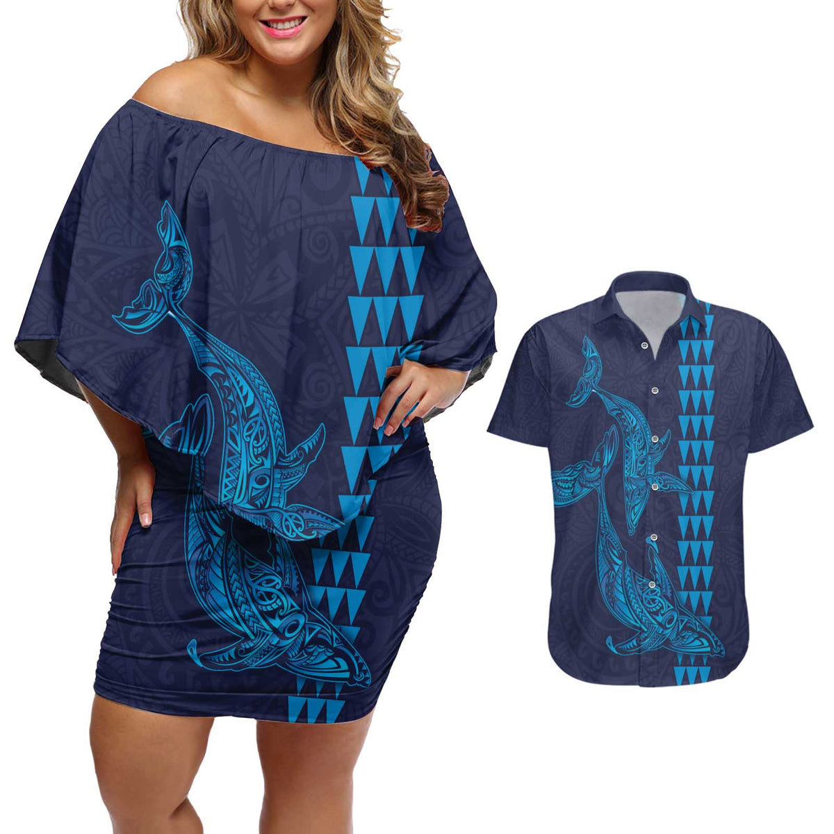 Aloha Hawaii Whale Kakau and Polynesian Tattoo Couples Matching Off Shoulder Short Dress and Hawaiian Shirt Dark Navy Color