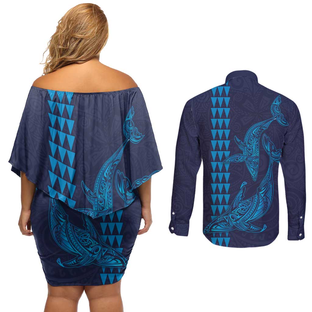 Aloha Hawaii Whale Kakau and Polynesian Tattoo Couples Matching Off Shoulder Short Dress and Long Sleeve Button Shirt Dark Navy Color