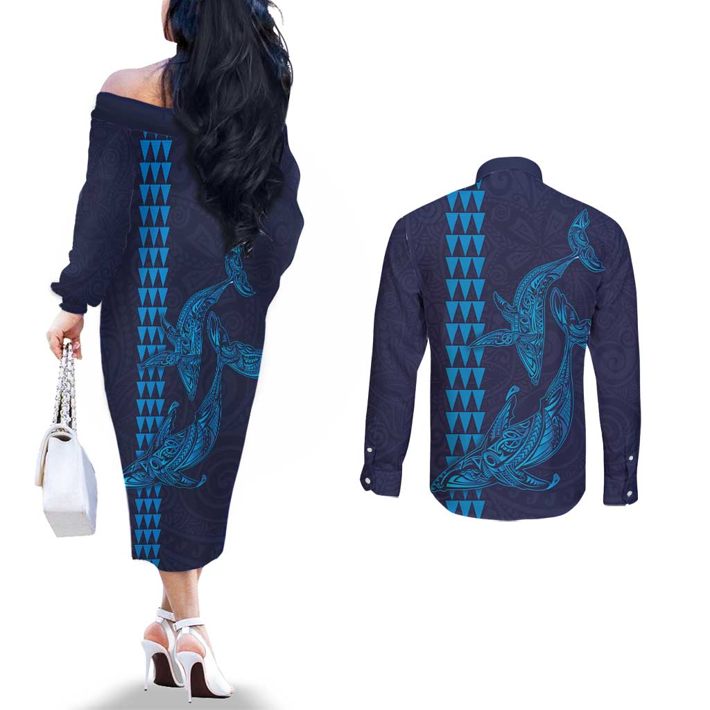Aloha Hawaii Whale Kakau and Polynesian Tattoo Couples Matching Off The Shoulder Long Sleeve Dress and Long Sleeve Button Shirt Dark Navy Color