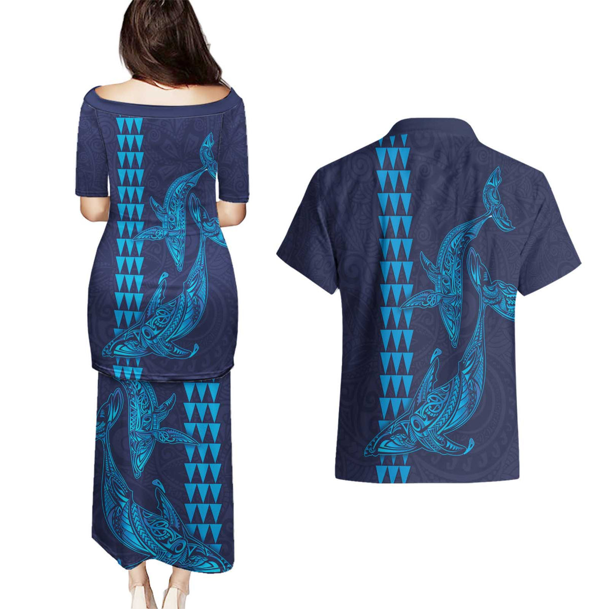 Aloha Hawaii Whale Kakau and Polynesian Tattoo Couples Matching Puletasi and Hawaiian Shirt Dark Navy Color
