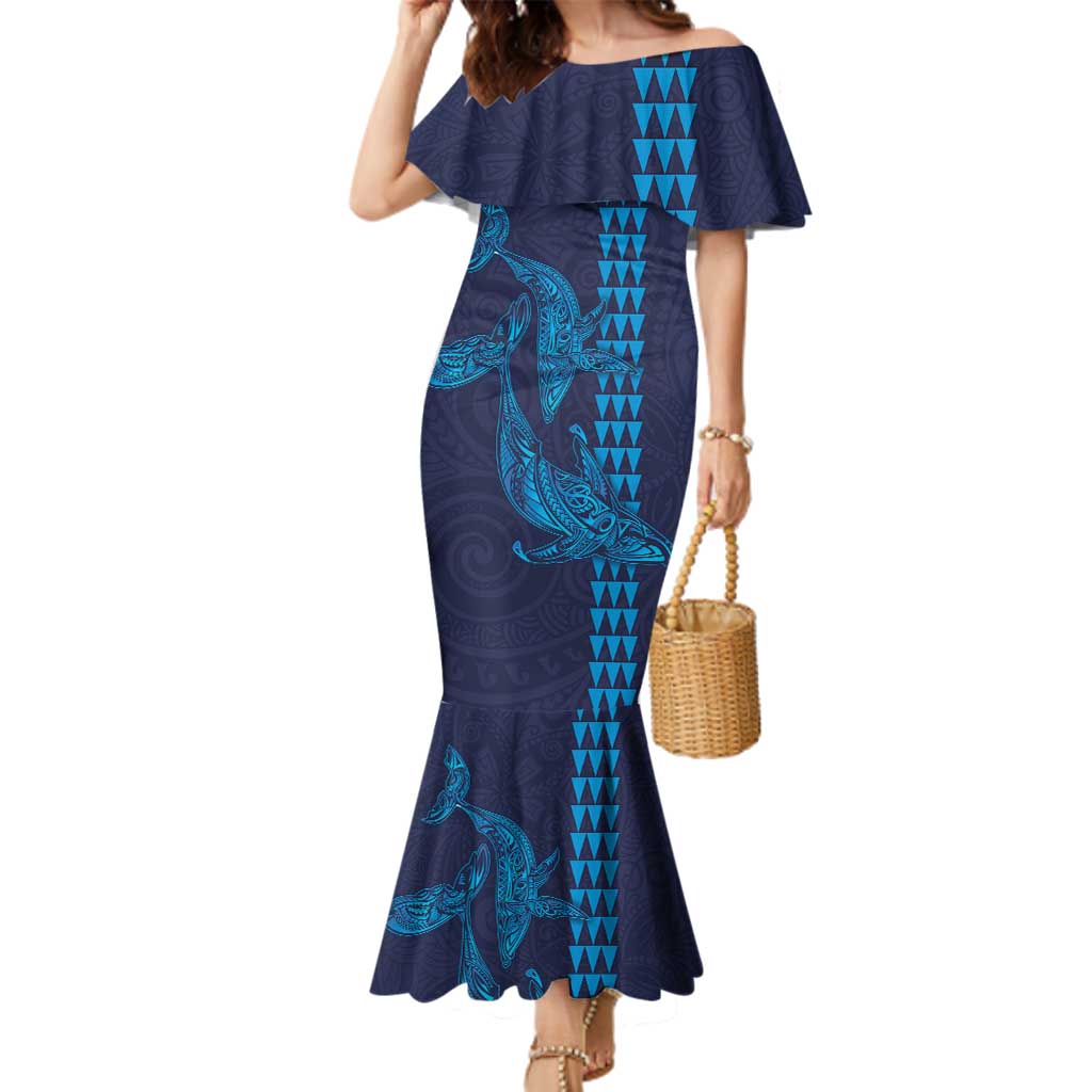 Aloha Hawaii Whale Kakau and Polynesian Tattoo Family Matching Mermaid Dress and Hawaiian Shirt Dark Navy Color
