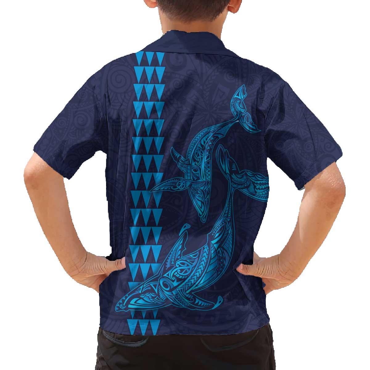 Aloha Hawaii Whale Kakau and Polynesian Tattoo Family Matching Off The Shoulder Long Sleeve Dress and Hawaiian Shirt Dark Navy Color