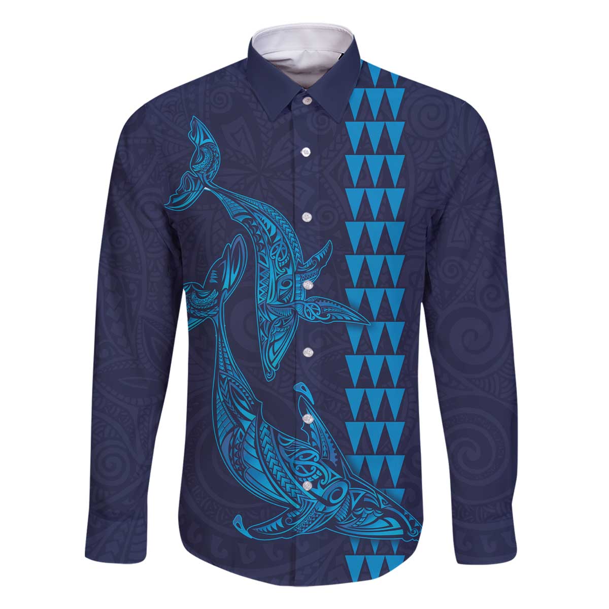Aloha Hawaii Whale Kakau and Polynesian Tattoo Family Matching Off The Shoulder Long Sleeve Dress and Hawaiian Shirt Dark Navy Color