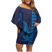 Aloha Hawaii Whale Kakau and Polynesian Tattoo Family Matching Off Shoulder Short Dress and Hawaiian Shirt Dark Navy Color