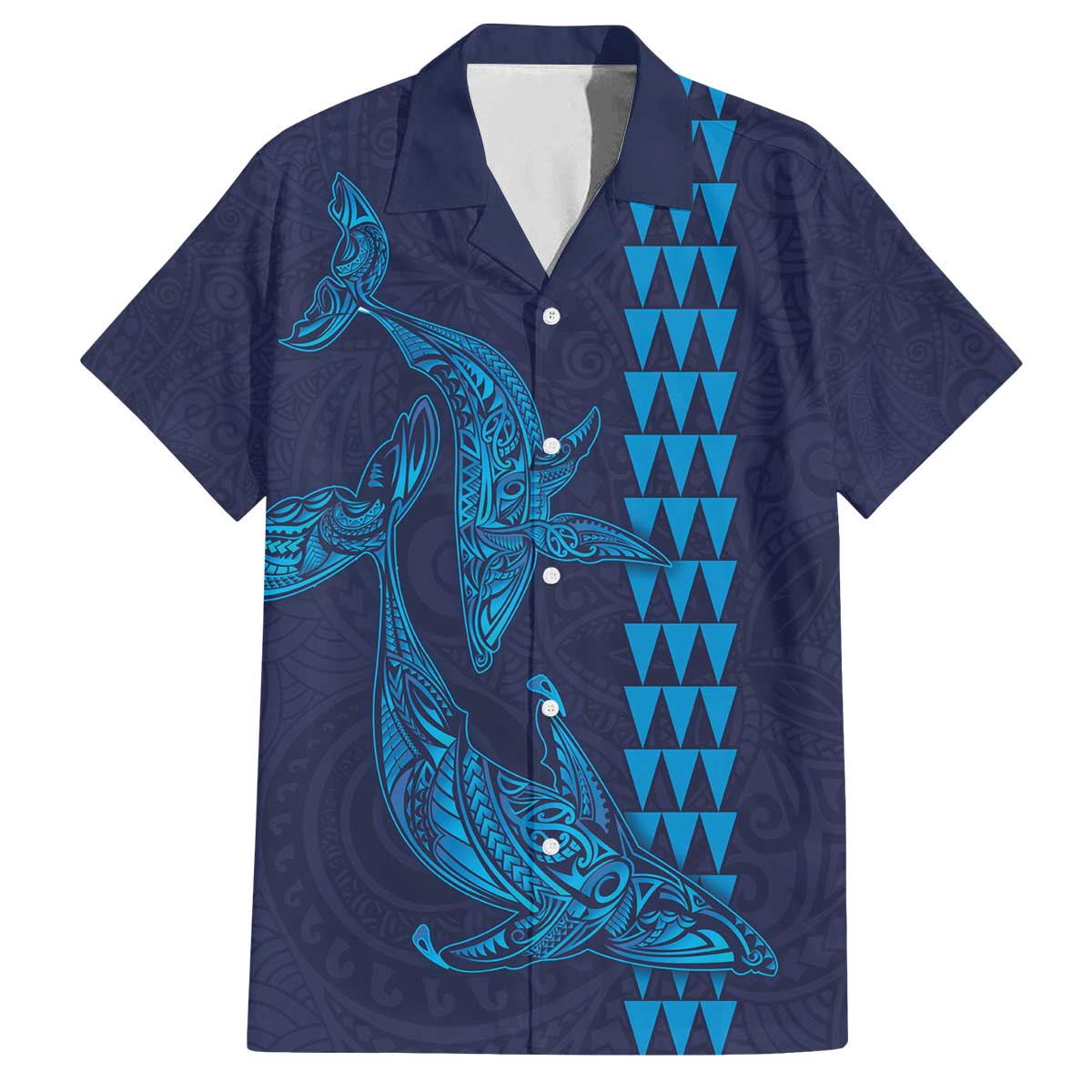 Aloha Hawaii Whale Kakau and Polynesian Tattoo Family Matching Puletasi and Hawaiian Shirt Dark Navy Color