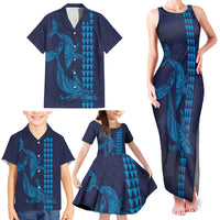 Aloha Hawaii Whale Kakau and Polynesian Tattoo Family Matching Tank Maxi Dress and Hawaiian Shirt Dark Navy Color