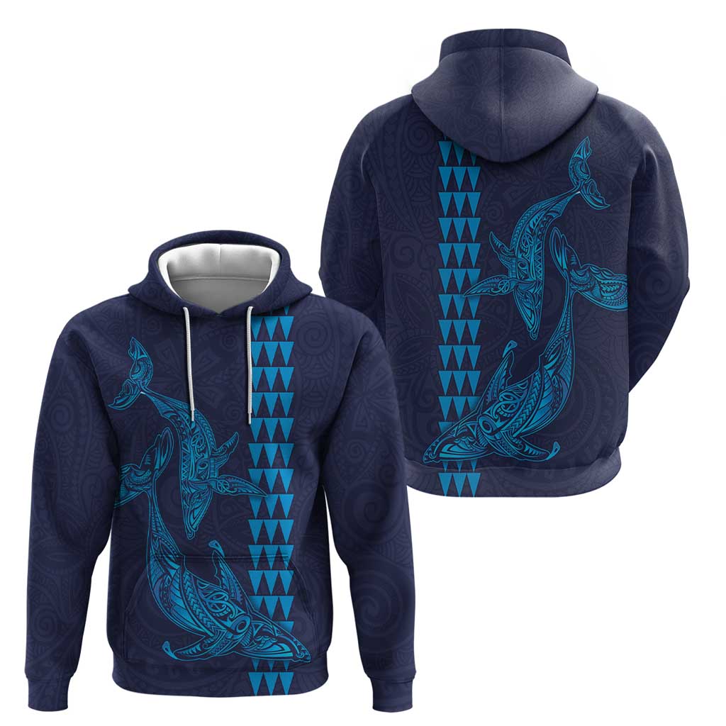 Aloha Hawaii Whale Kakau and Polynesian Tattoo Hoodie Dark Navy Color