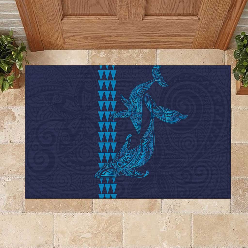 Aloha Hawaii Whale Kakau and Polynesian Tattoo Rubber Doormat Dark Navy Color