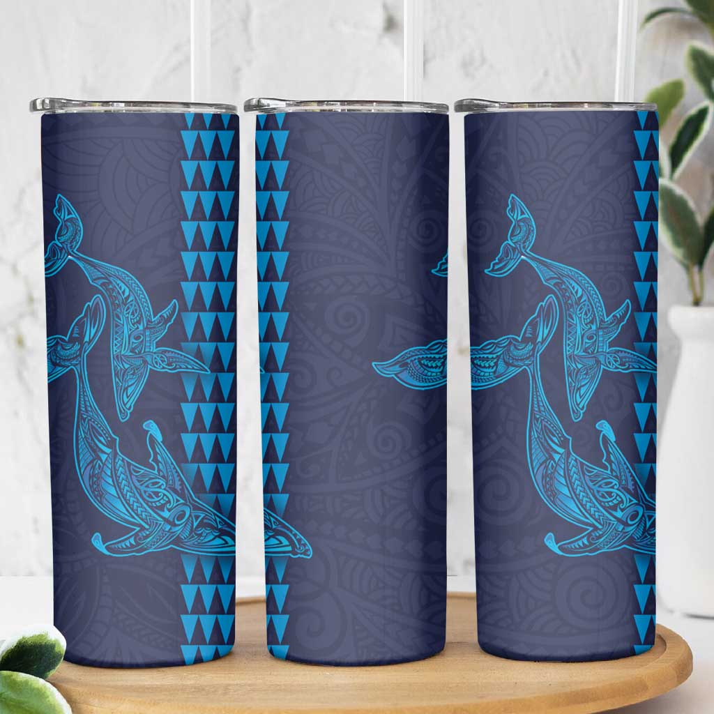 Aloha Hawaii Whale Kakau and Polynesian Tattoo Skinny Tumbler Dark Navy Color