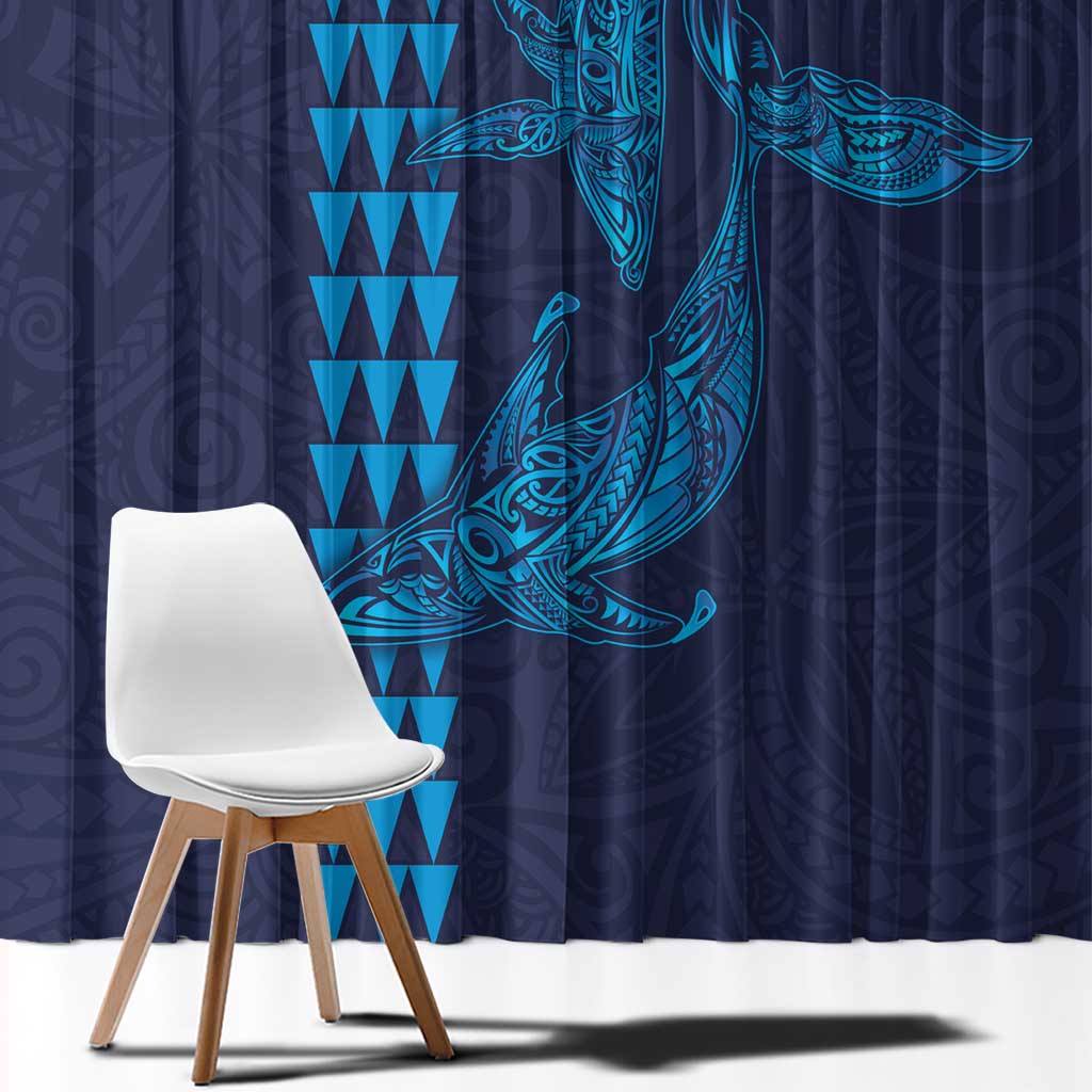 Aloha Hawaii Whale Kakau and Polynesian Tattoo Window Curtain Dark Navy Color