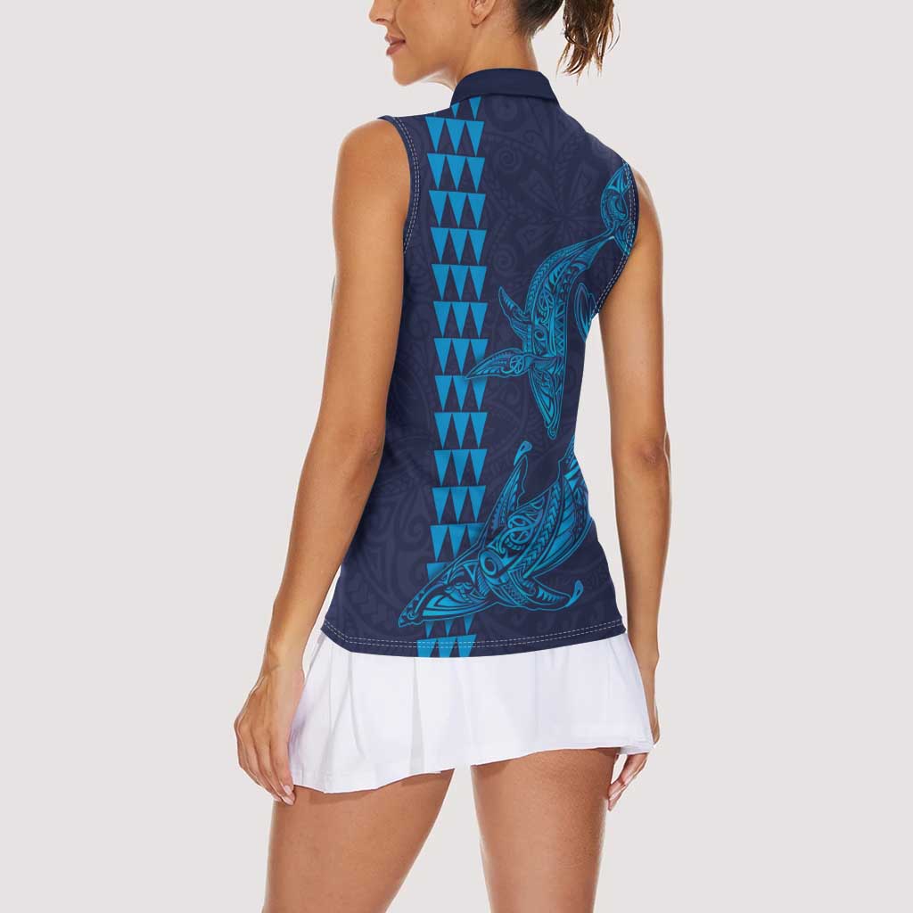 Aloha Hawaii Whale Kakau and Polynesian Tattoo Women Sleeveless Polo Shirt Dark Navy Color