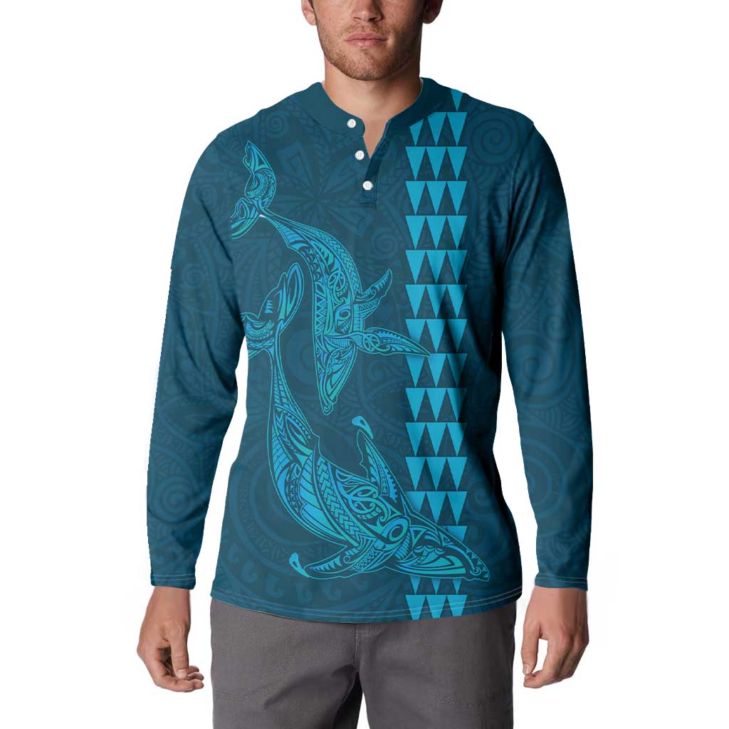 Aloha Hawaii Whale Kakau and Polynesian Tattoo Button Sweatshirt Light Blue Color